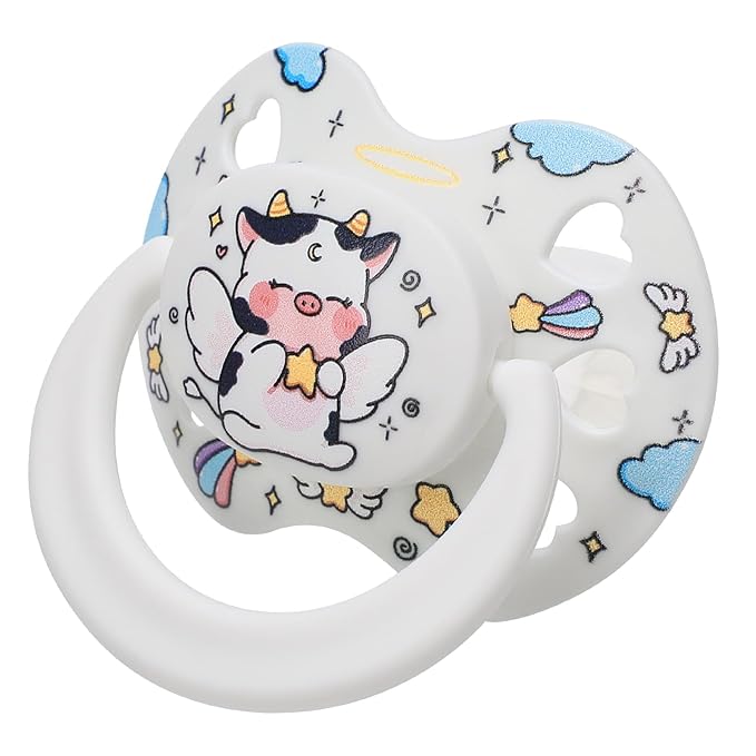 Cute Adult Size Pacifier for Anxiety: Angel Cow Soft Silicone Heart Shaped Paci for Stress Relief and Autism - Bigshield Binky for Sleep Gag Gift with Case White