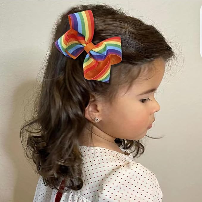 JIAHANG Baby Girls Grosgrain Ribbon 4 Inch Hair Bow Headband and Alligator Clips Set, Rainbow Color Hair Bow Accessories for Children Toddler School Girls 4Pcs Gift Set(Rainbow1)