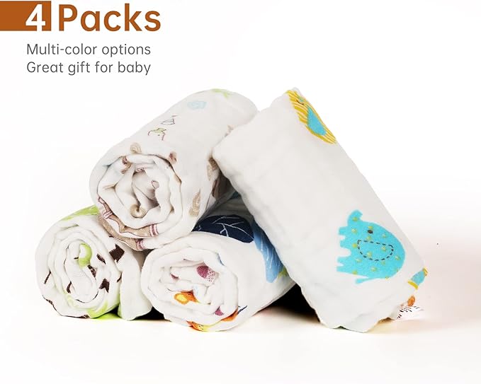 Baby Muslin Burp Cloths, 100% Cotton Burping Cloths Super Absorbent Soft, Bath Towel Burp Cloths for Baby Girl Boy, Great Gift for Newborn, 10 x 20 inch, 4 Pack, Fox & Whale