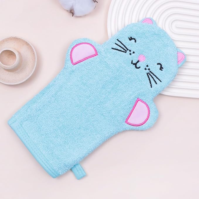 JN&LULU Baby Organics Bath Mitt Toddlers Bath Cotton and Soft Scrub Bathing Loofah Baby Shower Gifts (Blue Kitty)
