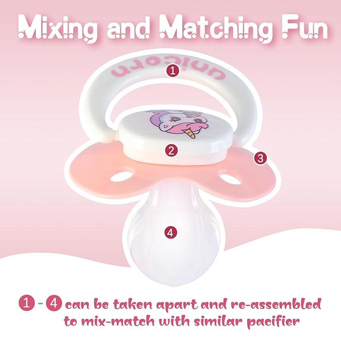 Cute Adult Sized Pacifier for Anxiety: Big Shield Unicorn Paci for Autism - Soft Silicone Large Nipple Binky for Sleeping Pink and White