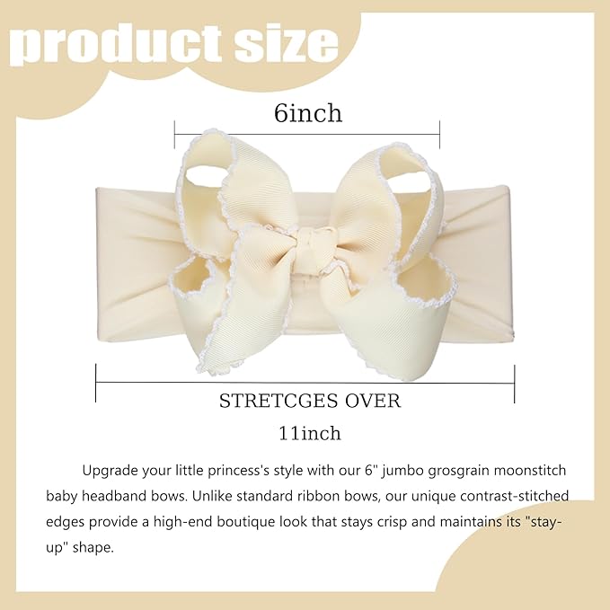 6'' Jumbo Beige Baby Girls Bow Headbands, Handmade Grosgrain Moonstitch Boutique Baby Headwraps, Super Stretchy Soft Nylon Headbands for Newborns, Infants & Toddlers