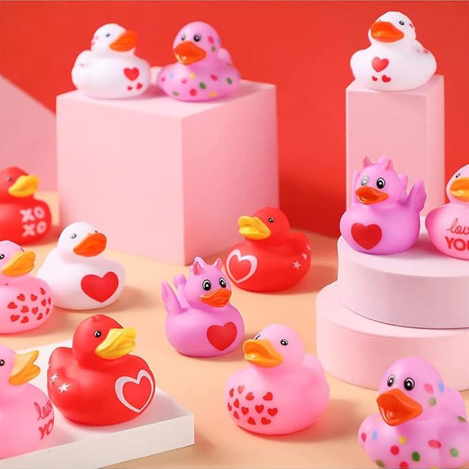Assortment Rubber Duckies in Bulks Floater Duck Bath Toys Party Favors Classroom Incentives (Pink Valentine's Day Duck)