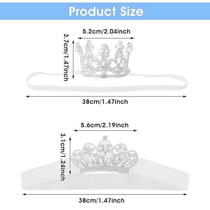 Abeillo 2 Pieces Baby Crown Baby Crystal Princess Tiaras Newborn Photography Props Children Headband Infant Elastic Hair Band Crown for Baby Girl Birthday Party (Silver)