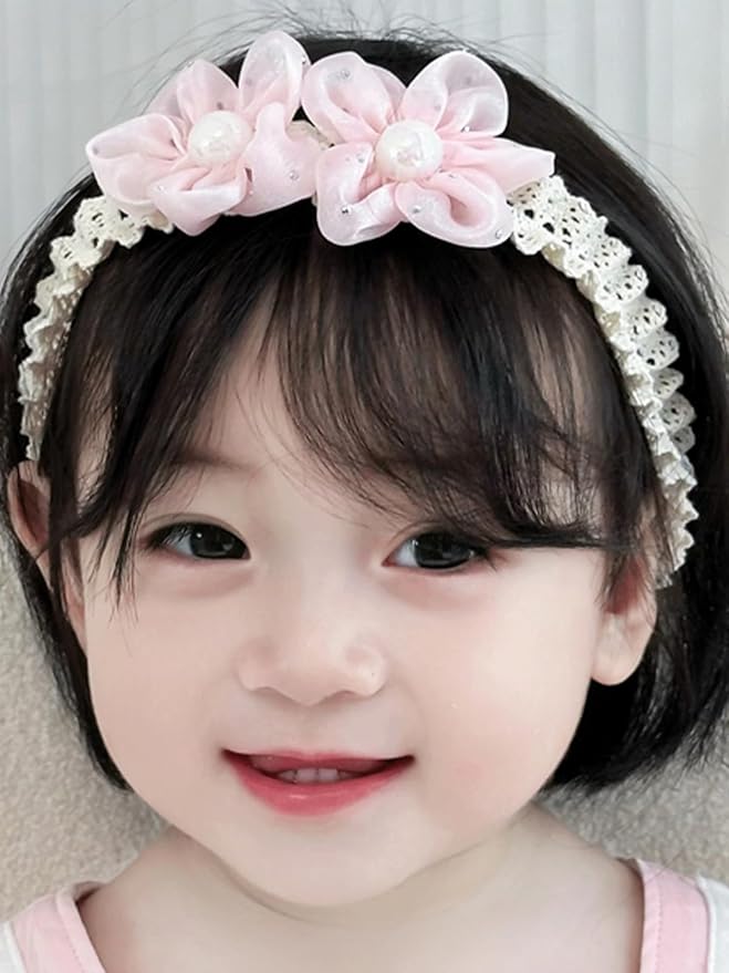 Baby Girls Hairbands Lace Flowers Headband Handmade Soft Stretchy Colorful Flower Hairband Newborn Headbands with Pearls Elastic Hairbands for Infant Head Band (Two Pink Flowers and Pearls)