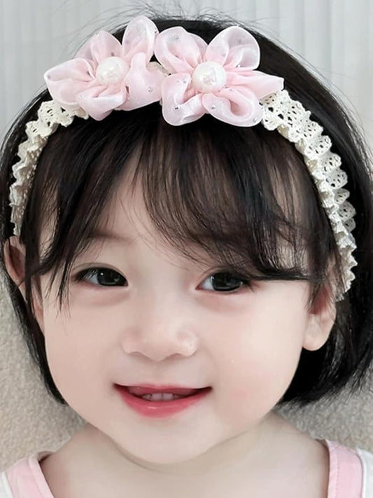 Baby Girls Hairbands Lace Flowers Headband Handmade Soft Stretchy Colorful Flower Hairband Newborn Headbands with Pearls Elastic Hairbands for Infant Head Band (Two Pink Flowers and Pearls)