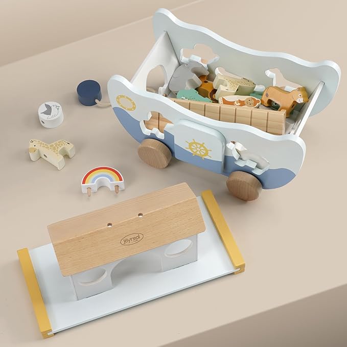 Joyreal Wooden Noah's Ark Toy for 1 Year Old Baby Boy and Girl Baptism Gift - Neutral Color Montessori Educational Toy with Animal Shape Sorter - Christian Toys for Toddler 1-3 Christmas Birthday Gift