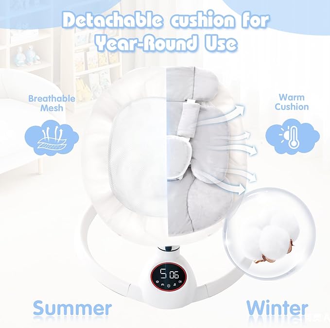 Soobaby Baby Swing for Infants,Electric Swing for Babies,Portable Swing for Baby Boy Girl,Remote Control Indoor Baby Rocker with 5 Sway Speeds,Music and Bluetooth,Bright Gray