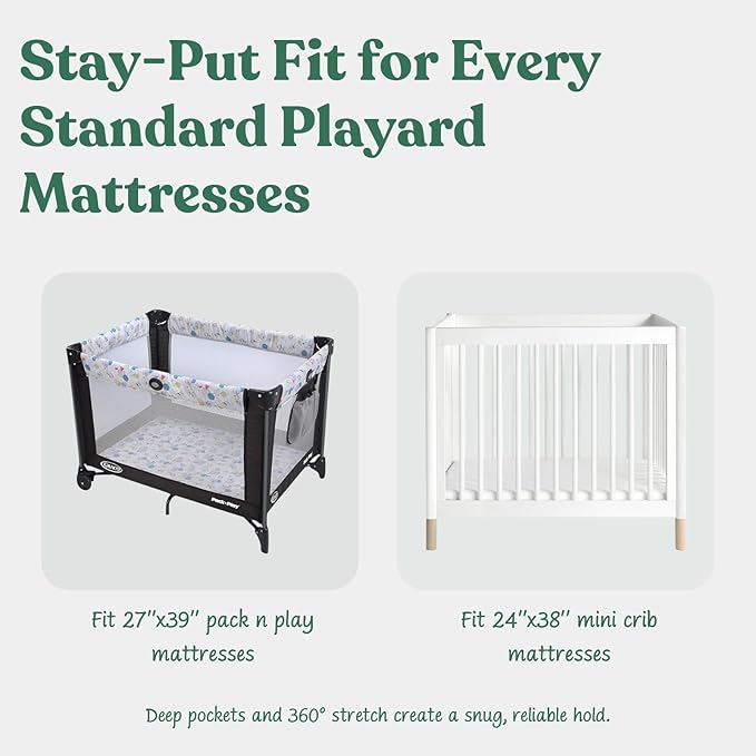 Graco Pack n Play Sheets, Soft Fitted Playard Sheets with Secure Fit, Fit Standard 27" × 39" Playard Mattresses, Breathable & Gentle on Sensitive Skin, 2-Pack (Sage & Dusty Blue)