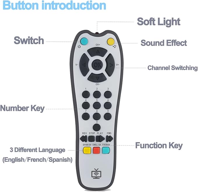 Kids Musical TV Remote Control Toy with Soft Light and Sound, Adjustable Volume Early Education Learning Remote Toy with English,French,Spanish Gift Toy for 6 Months+ Toddlers Boys or Girls