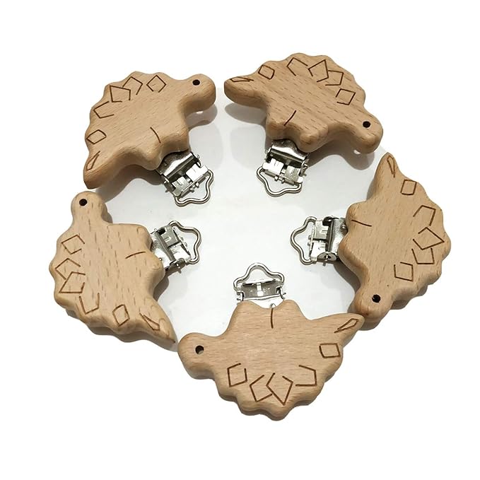 5pcs Natural Beech Wood Animal Pacifier Clips Grasping Toy Suspender Chain Clips Charm Antique DIY Beading Accessory (Stegosaurus)