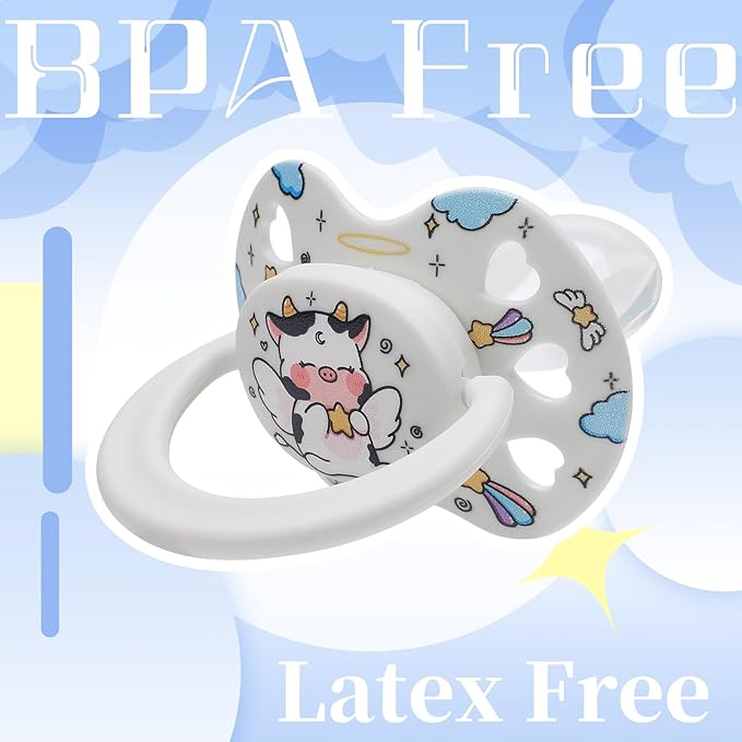 Cute Adult Size Pacifier for Anxiety: Angel Cow Soft Silicone Heart Shaped Paci for Stress Relief and Autism - Bigshield Binky for Sleep Gag Gift with Case White