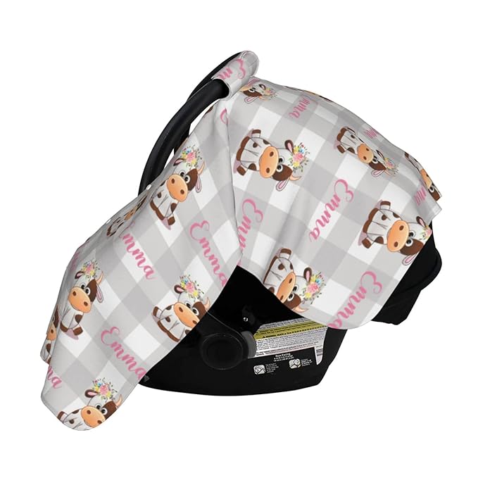 Personalized Farm Cow Floral Pink Baby Car Seat Canopy for Babies with Name, Custom Car Seat Covers for Girls, Peekaboo Opening Minky Nursing Breastfeeding Cover Infant Car Seat Canopies for Newborn