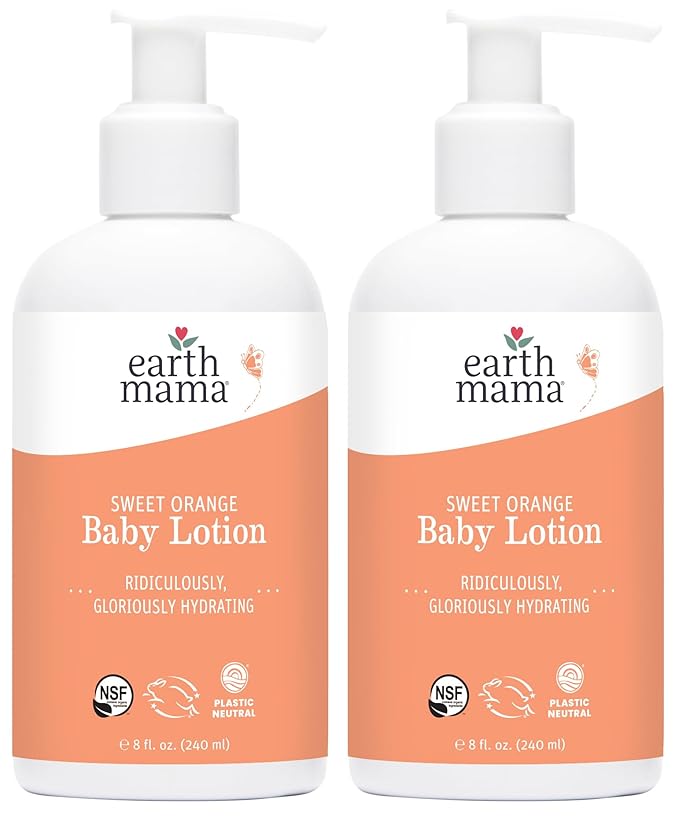 Earth Mama Sweet Orange Baby Lotion | Moisturizing Body Lotion for Dry Skin, Newborn Sensitive Skin Care, Face Moisturizer for Babies & Kids with Shea Butter, Calendula & Aloe, 8 Fl Oz (2-Pack)