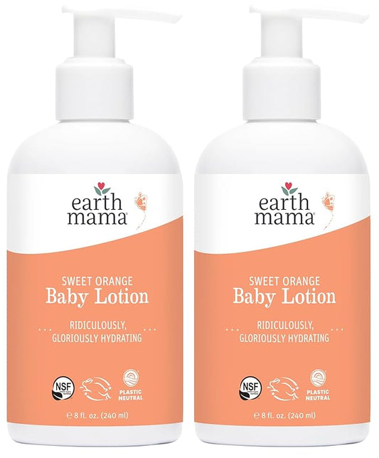 Earth Mama Sweet Orange Baby Lotion | Moisturizing Body Lotion for Dry Skin, Newborn Sensitive Skin Care, Face Moisturizer for Babies & Kids with Shea Butter, Calendula & Aloe, 8 Fl Oz (2-Pack)