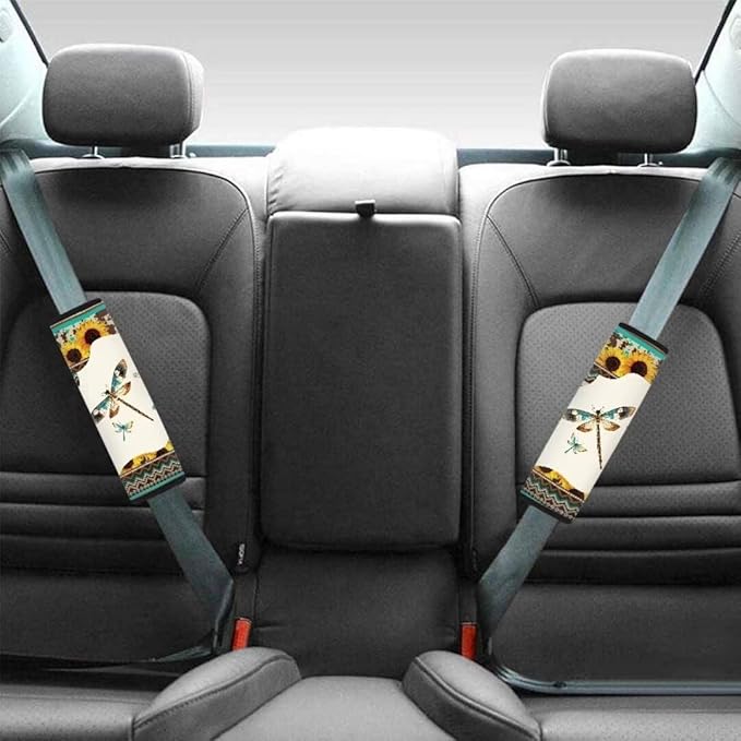Dragonfly Sunflower Car Seat Belt Pads Covers,Brown Seatbelt Shoulder Strap Covers for Adult, 2 Pack Standard Size