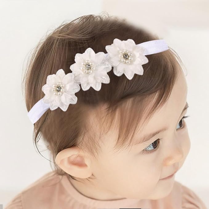 Bethynas White Flower Lace Elastic Headband for Baby Girls Floral Baptism Christening Toddler Hairband Infant Flower Pearl Birthday Party Hair Accessory for Newborn Girl (White)