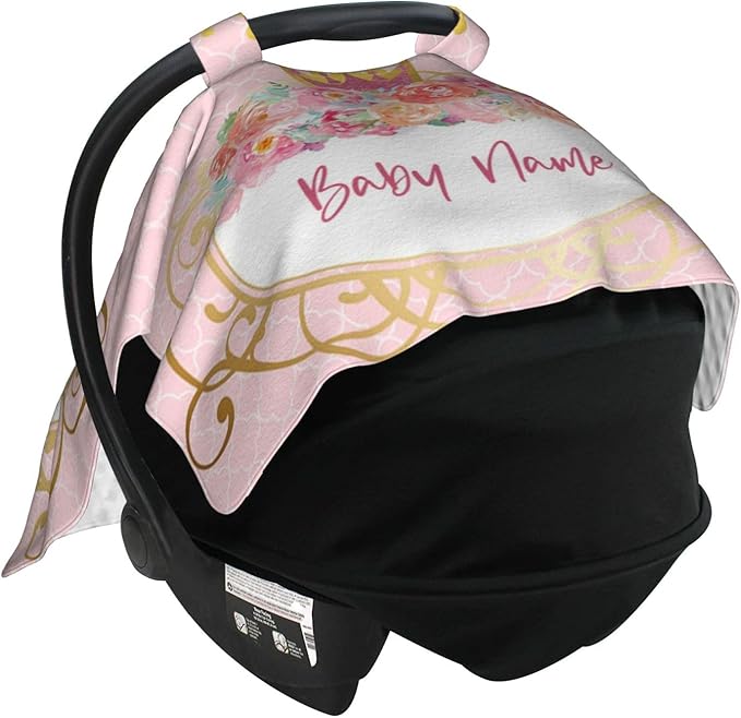 Personalized Flowers Crown, Customization Peekaboo Opening Carseat Canopy for Newborn, Breastfeeding Nursing, with Name Infant Toddler Blanket