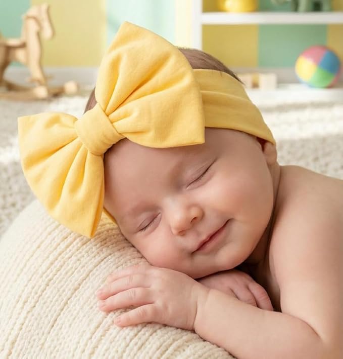 Newborn Baby Girl Headband 0–6 Months – Soft Cotton Big Bow Headband for Infants, Stretchy Baby Hair Band, 4.3" (11 cm) Bow, 2.4" (6 cm) Band (Yellow, 0-6 Month)