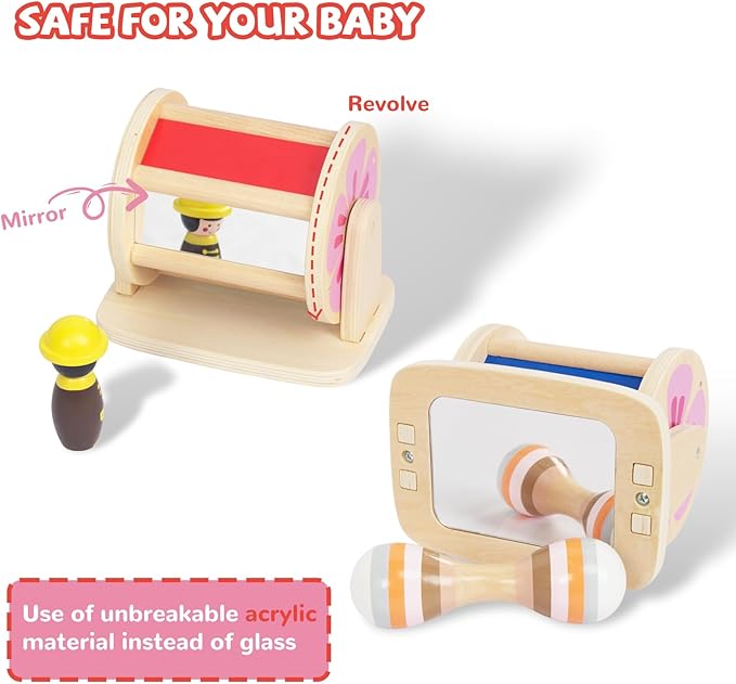 Montessori Spinning Drum Baby Toys, Wooden Tummy Time Mirror Play Kit and Rainbow Fabric Ball Kit Toys for 1 2 3 Years Toddlers
