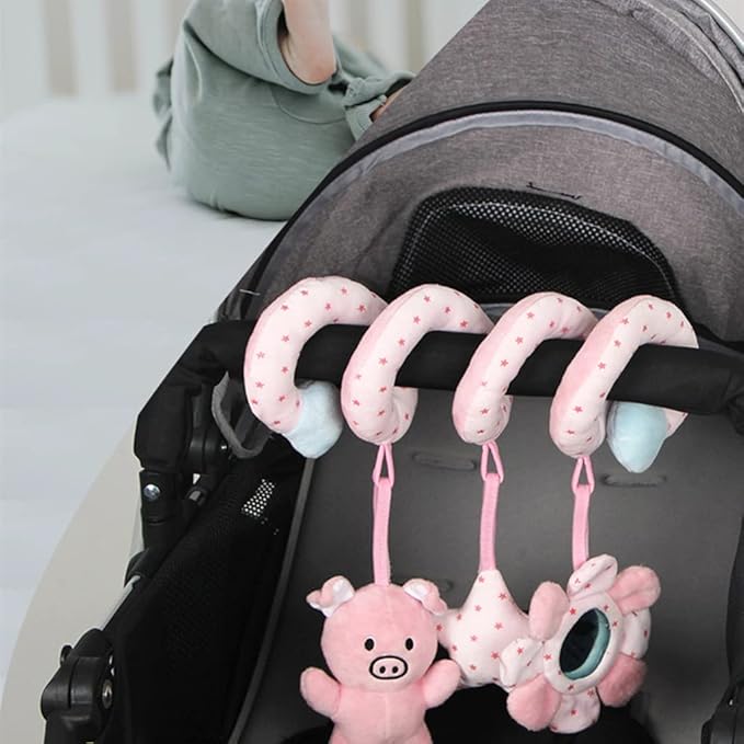 Baby Car Seat Toys, Infant Activity Spiral Plush Toys Hanging Stroller Toys for Baby Girl and Boy with Distorting Mirror (Pink Pig)