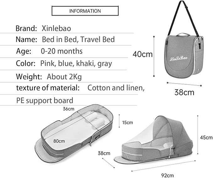 Folding Baby Travel Bassinet Portable Lightweight Travel Crib Baby Bed Co- Sleeper for Baby in Bed with Canopy and Mosquito Net (Blue, with Sunshade)