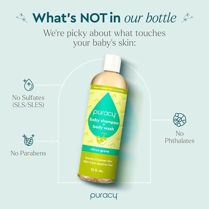 Puracy Shampoo & Body Wash for Children - Perfect Skin, Pure Ingredients with 12 Fruit & Vegetable Extracts for Silky Smooth Skin, Gentle Citrus Grove Aromas, 98.8% from Mother Nature, 12 Fl Oz (2-Pk)