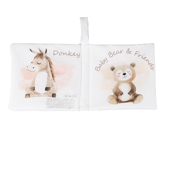 Ali+Oli Baby Cloth Book – Soft Sensory Crinkle Book with Teether for Infants 0-12 Months – Early Learning Touch & Feel Tummy Time Toy – Newborn Shower Gift for Boys & Girls - Bear Friends