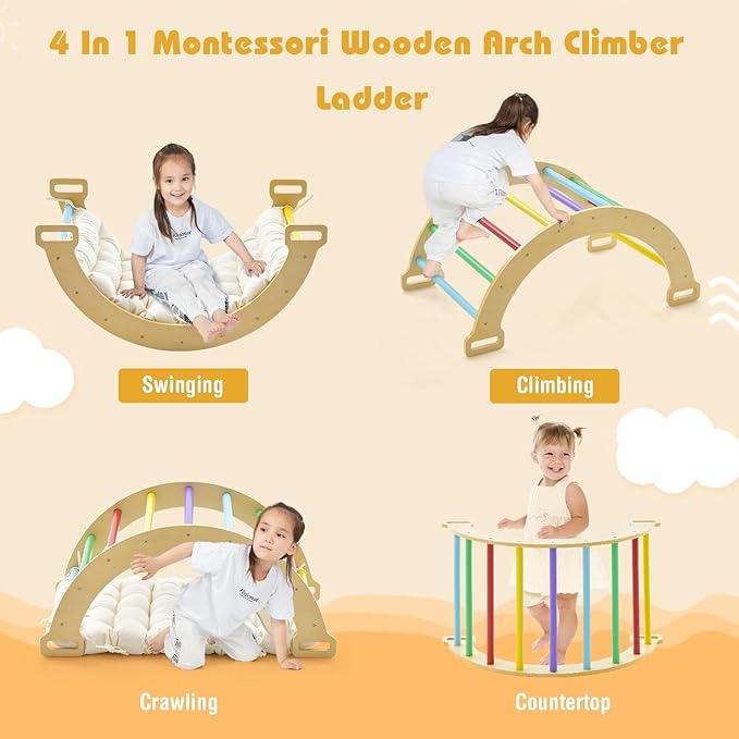 INFANS Wooden Arch Climber Rocker with Soft Cushion, 4 in 1 Montessori Climbing Ladder Toys for Toddlers, Waldorf Indoor Baby Children Ladder Gym Learning Playset Gift for Kids Boys Girls