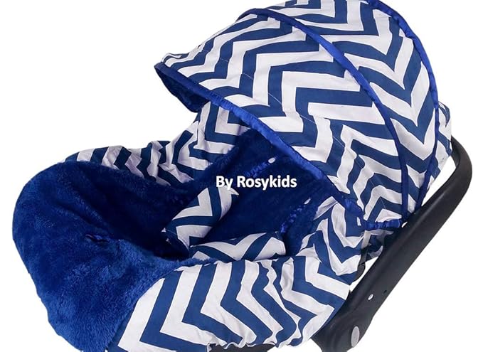Rosy Kids Infant Carseat Canopy Cover 3pc Whole Caboodle, Baby Car Seat Cover Outdoor Kit, Cotton Chevron Print, Navy Blue