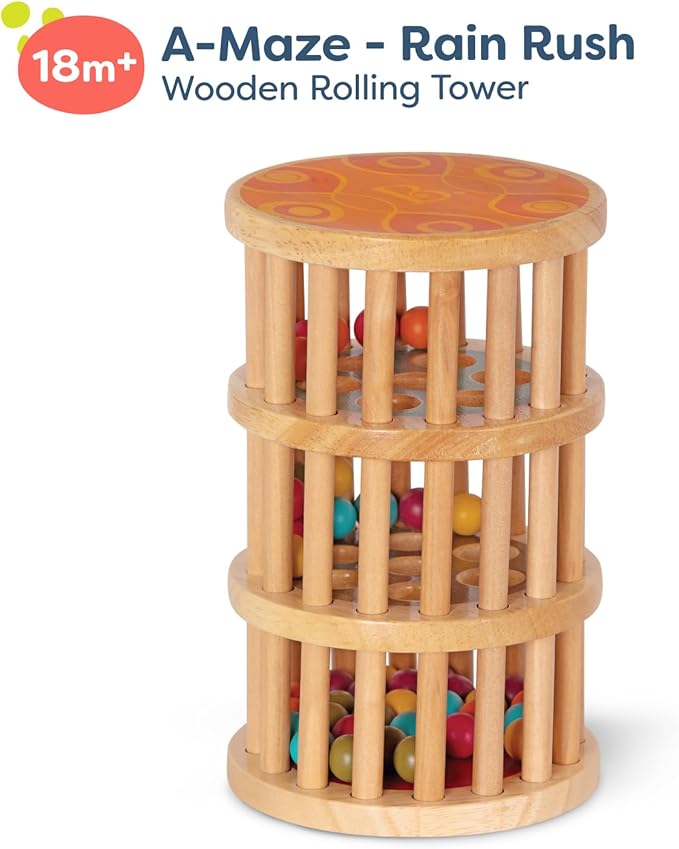 B. toys – A – Maze Rain Rush Dexterity Toy – Crawling Rolling Tower – Developmental Natural Wooden Rainmaker Toy – Toys for Toddlers