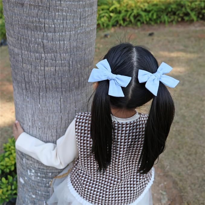 3 Styles Hair Bow Clips for Little Girls Toddler Baby Mom Women Hair Barrettes Accessories 4 Pcs Cotton Linen Bows Blue