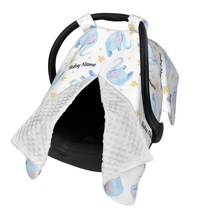 Personalized Watercolor Elephant Baby Infant Car Seats Canopy for Babies with Name, Custom Car Seat Covers for Baby Boys Girls, Peekaboo Minky Nursing Breastfeeding Stroller Canopies for Newborn