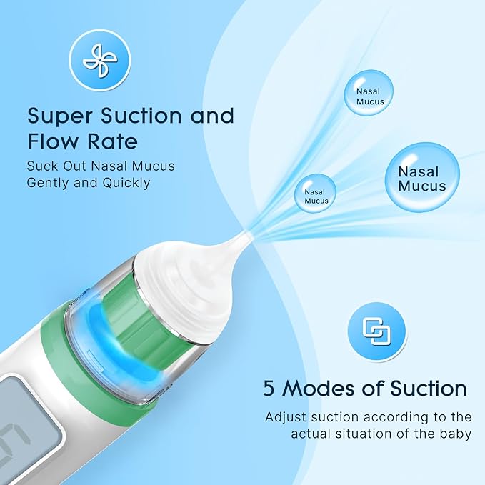Nasal Aspirator for Baby,Electric Nose Suction for Baby Nose Sucker ,Rechargeable Nose Cleaner for Toddler with 5 Suction Levels,Waterproof Nose Aspirator with Music Light Function, Deep Green