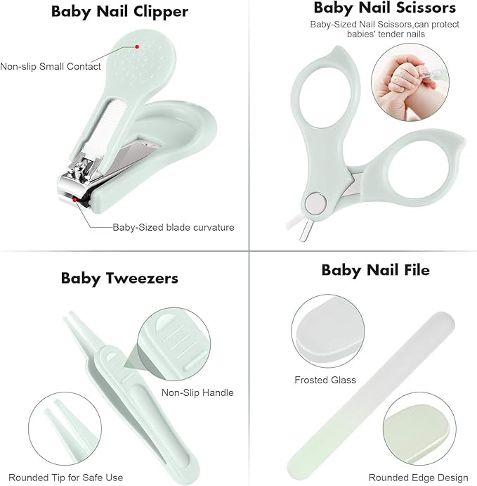 Baby Nail Clippers, 4-in-1 Safe Baby Nail Kit with Cute Case, Nail Clipper, Scissors, Tweezers, Nail File Set for Newborn, Infant, Toddler and Kids-Owl Green