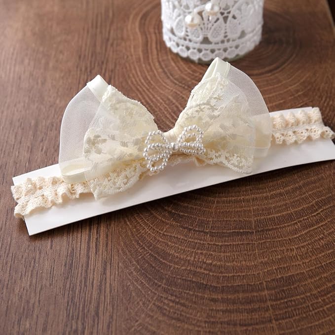 Cute Baby Girl Lace Headband Lace Bow Hair Accessories Elastic Bow Head Wrap for Newborn Infant Toddler Christening Baptism Party Hair Accessories for 0-36 Months (Ivory C, Free)