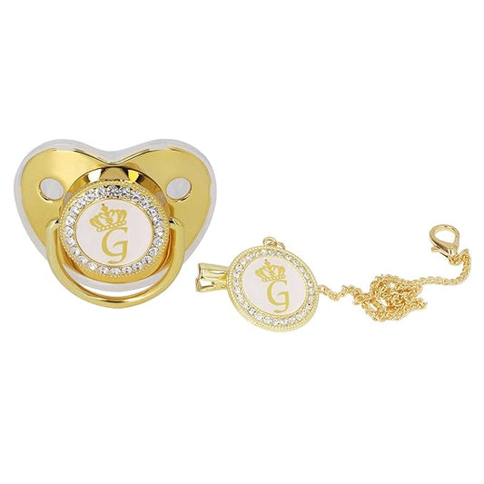 Golden Letter Baby Pacifier, Personalized Bling Pacifier with Pacifier Clips and Anti-Dust Cover for Baby Shower Newborn Birthday Photography (G)