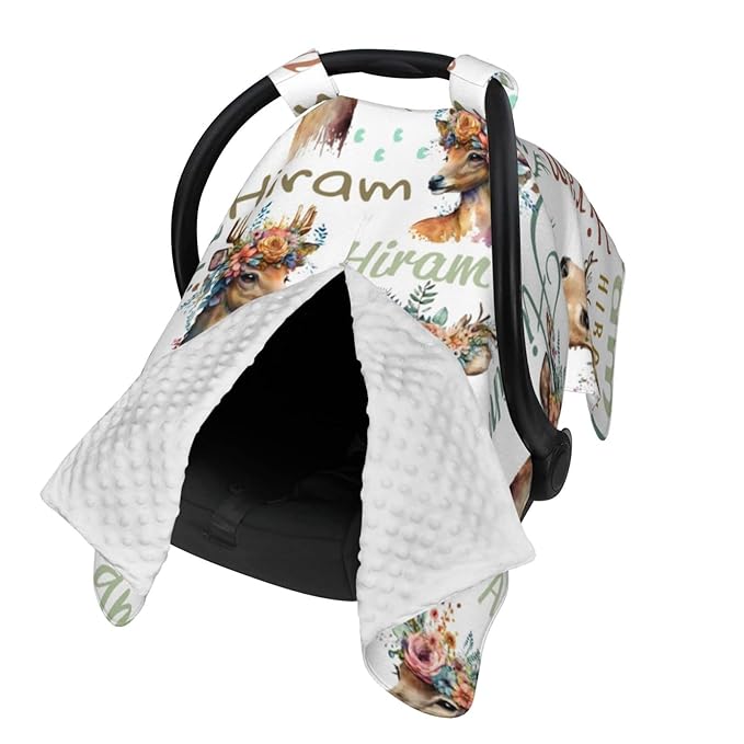 Personalized Woodland Deer Baby Car Seat Cover with Name, Customized Peekaboo Opening Car Seat Canopy for Baby Girls Boys, Nursing Covers Breastfeeding Scarf for Infant Newborn