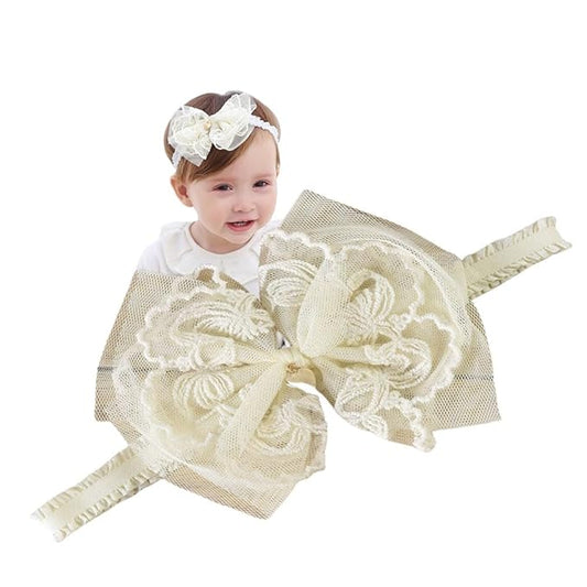 Lace Flower Bow Baby Girls Headband Pink Knot Infant Wrap Soft Chiffon Elastic Baby Turban Hair Band for Newborn Infant Toddler Kids (Ivory D)