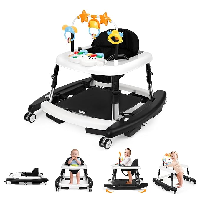 5 in 1 Baby Walker Foldable Music and Lights with 5 Adjustable Heights, Baby Walker with Wheels Portable, Infant Toddler Walker for Baby Boy Girls 6-18 Months (Black)