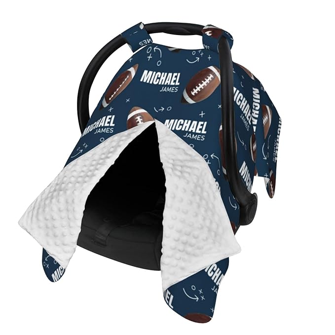 Personalized Baby Car Seat Canopy for Babies, Custom Name Football Baby Car Seat Covers for Boys, Opening Minky Nursing Breastfeeding Cover for Infant, Carseat Canopies for Newborn