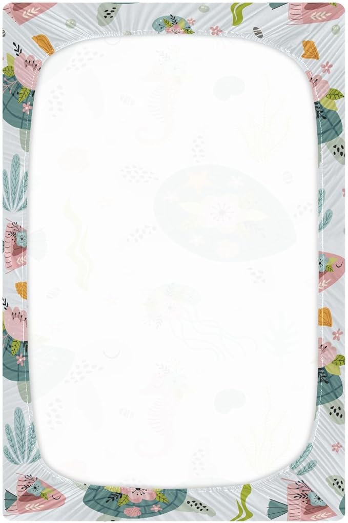 Fitted Crib Sheets Turtle Sea Horse Stretchy Portable Playard Sheets for Baby Toddler, Breathable Soft Mini Crib Mattress 52 x 28 in for Boys and Girls