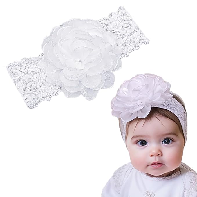 White Lace Christening Headband for Baby Girl Soft Cotton Flower Baptism Toddler Elastic Hairband Bow Newborn Infant Hair Accessories for Birthday Party (White 3, Standard size)