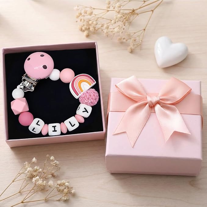 Personalized Pacifier Clip with Name, Custom Rainbow Silicone Binky Holder for Baby Girls & Boys