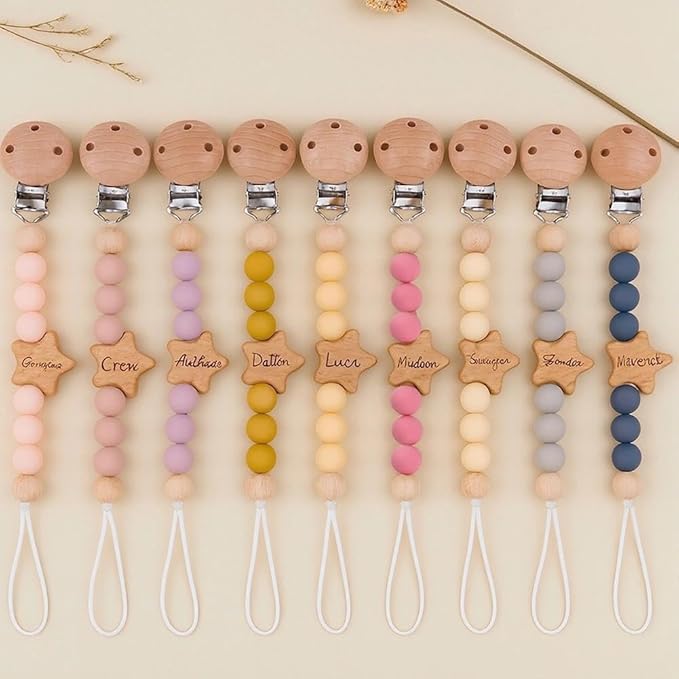 Personalized Pacifier Clip with Name, Wooden Star Baby Pacifier Holder Gift for Boys Girls Boho Style