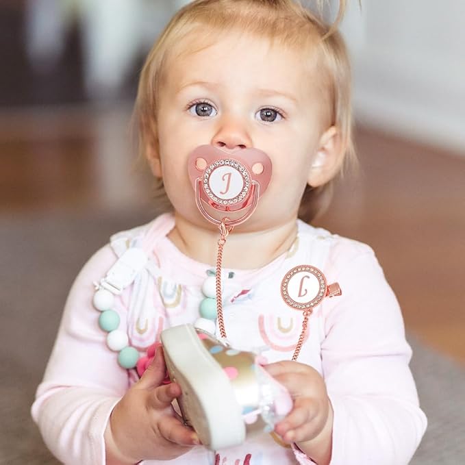 Bling Personalized Pink Baby Pacifier with Pacifier Clips and Anti-dust Cover A-Z 26 Letters(Pink,J)