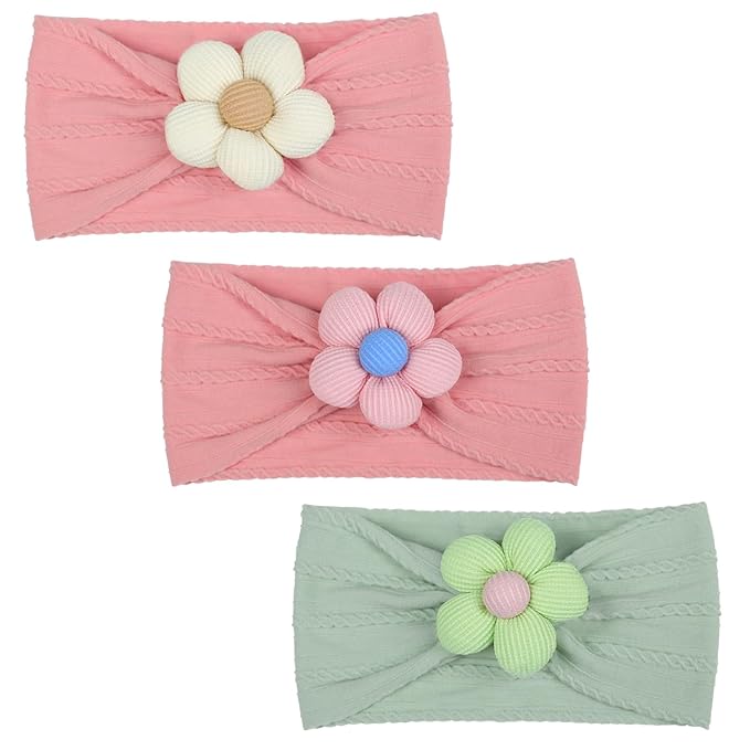 MIUXUESO 3 Pcs Baby Flower Headbands Baby Girls Nylon Headbands Soft Hairbands Hair Accessories for Newborn Infant Toddler Kids (Rose Pink‌ Green)