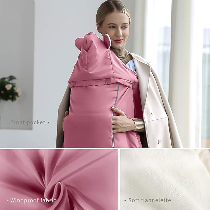 SONARIN Universal All Seasons Weather Cover for Baby Carrier,Cloak for Winter Warm,Footmuff,Windproof,Waterproof,Detachable hat(Pink)