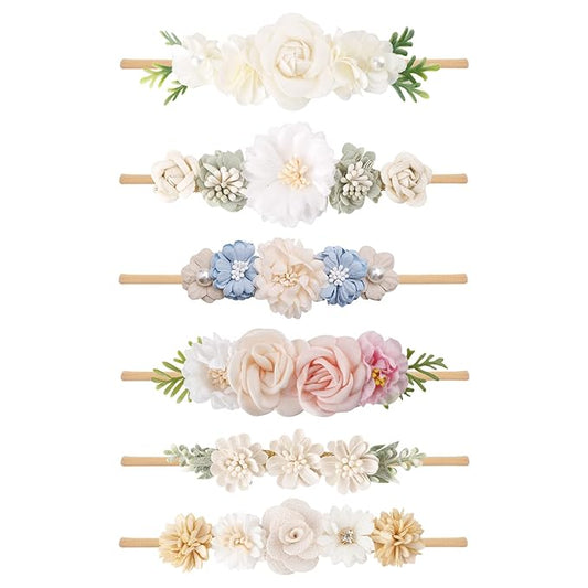 OOSAKU Baby Girl Flower Headbands Set Elastic Floral Headbands 6pcs Soft Nylon Hair Band for Newborn Toddler Hair Accessories