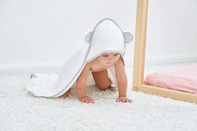 HIPHOP PANDA Hooded Towel - Rayon Made from Bamboo, Bath Towel with Bear Ears for Newborn, Babie, Toddler, Infant - Absorbent Large Baby Towel - White, 30 x 30 Inch